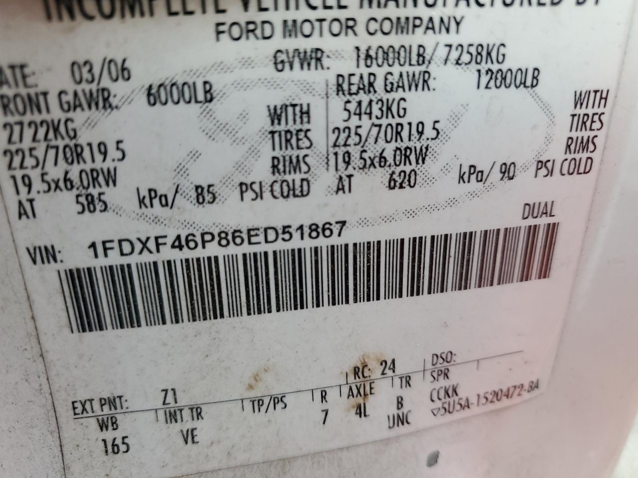 2006 Ford F450 Super Duty Service Truck VIN: 1FDXF46P86ED51867 Lot: 68327895