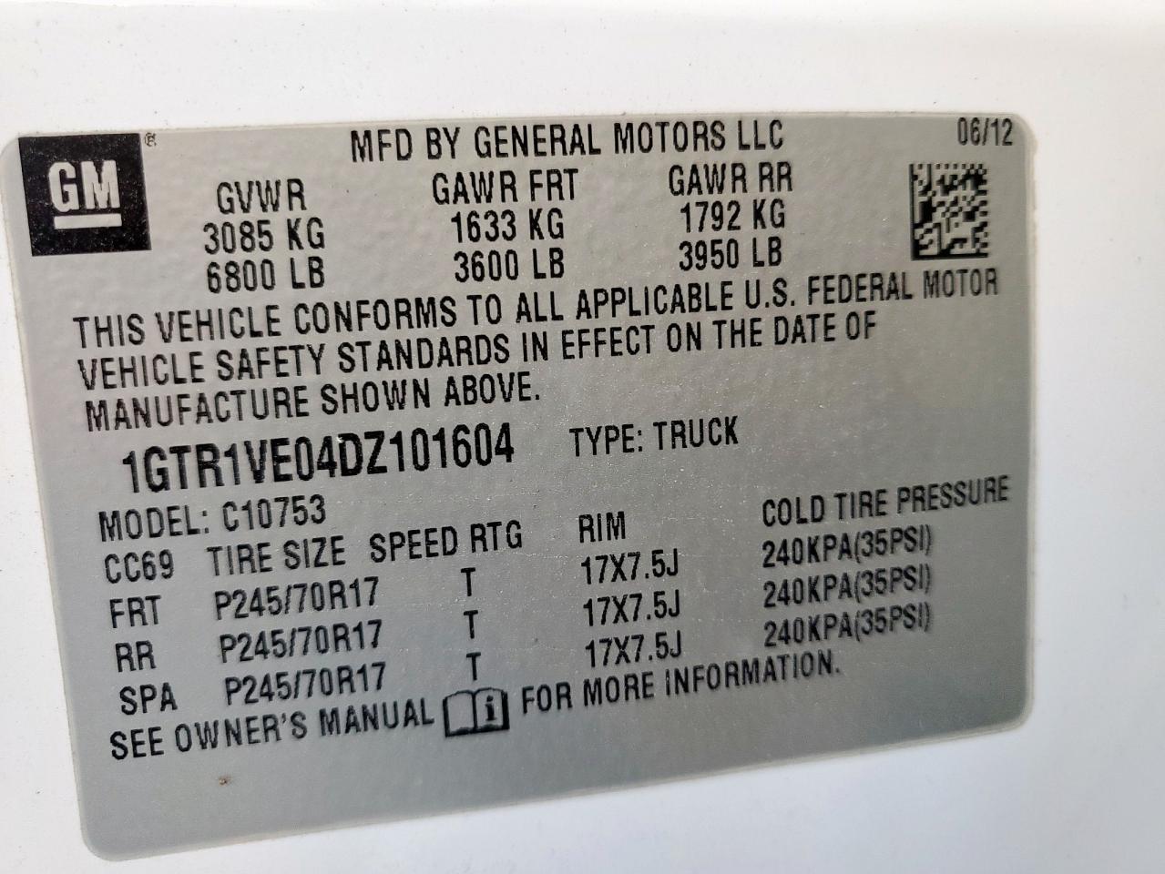 1GTR1VE04DZ101604 2013 GMC Sierra C1500 Sle