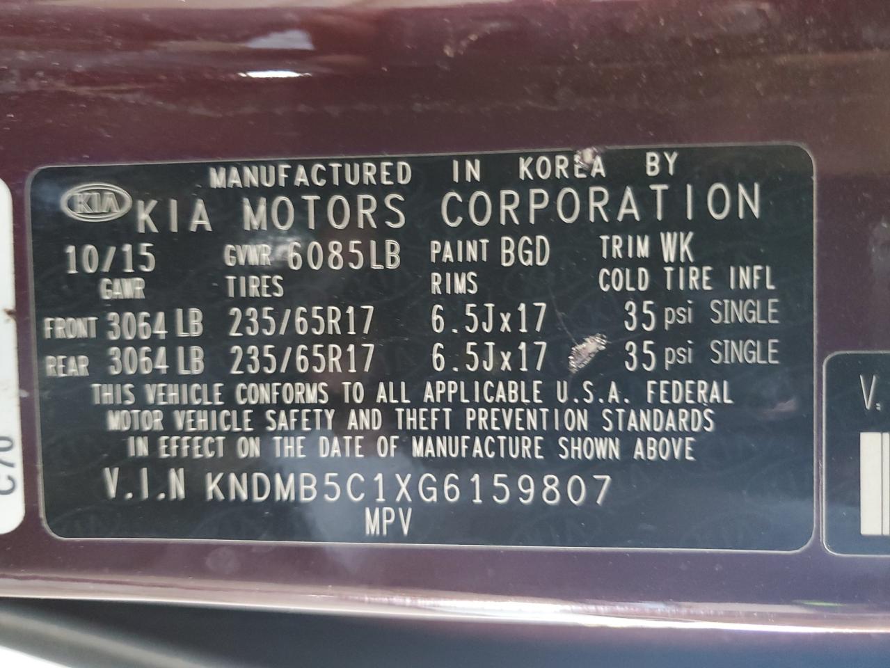 2016 Kia Sedona Lx VIN: KNDMB5C1XG6159807 Lot: 70642205