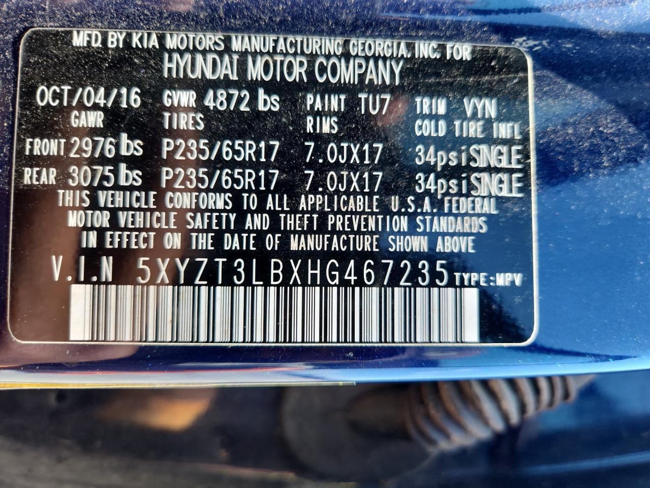 2017 Hyundai Santa Fe Sport VIN: 5XYZT3LBXHG467235 Lot: 70360205