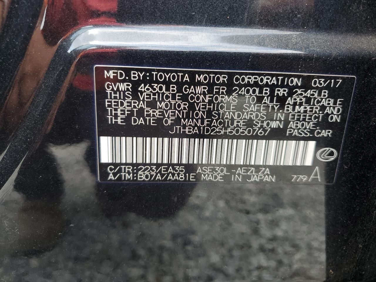 2017 Lexus Is 200T VIN: JTHBA1D25H5050767 Lot: 69793915