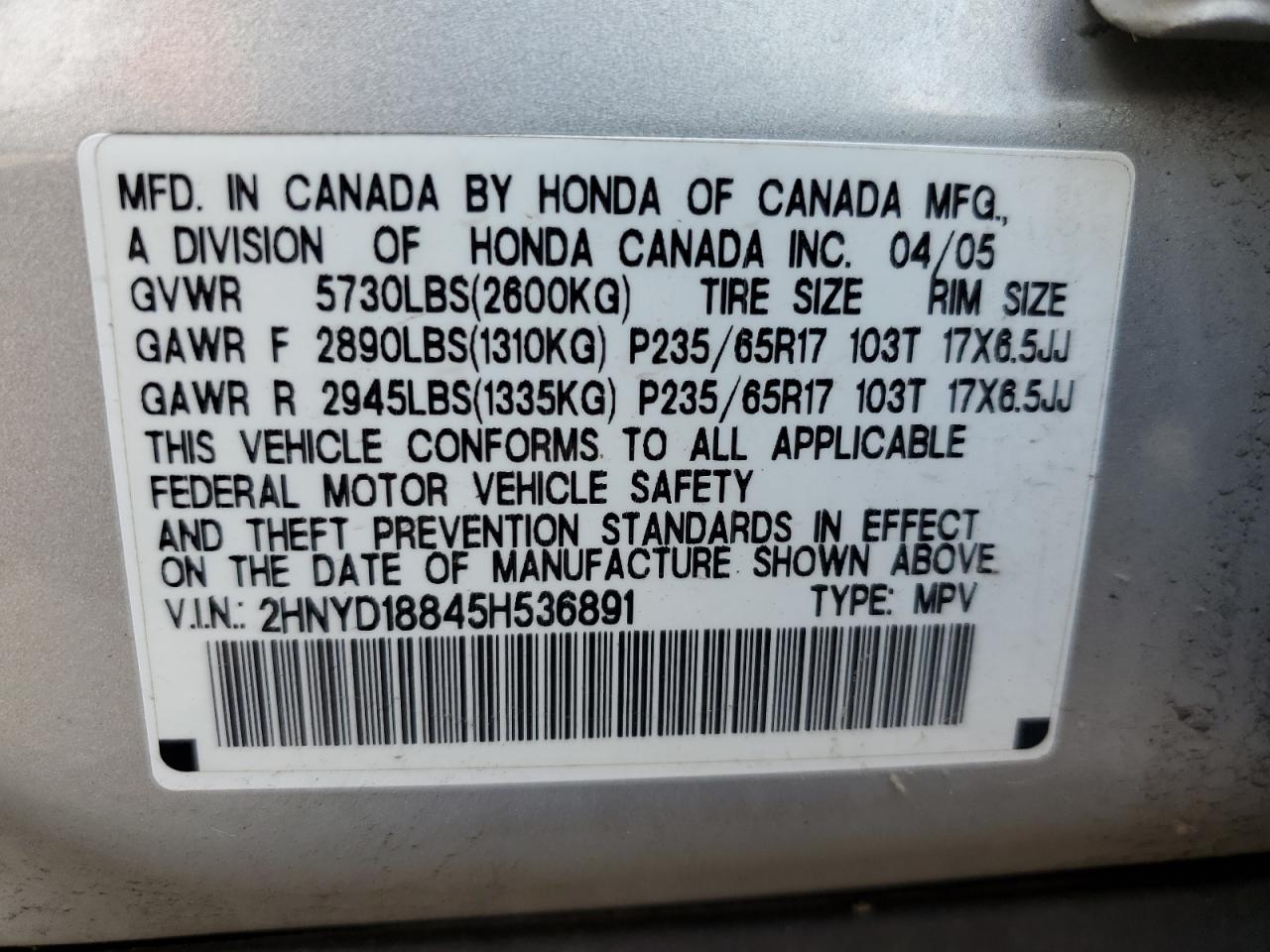 2005 Acura Mdx Touring VIN: 2HNYD18845H536891 Lot: 68073845