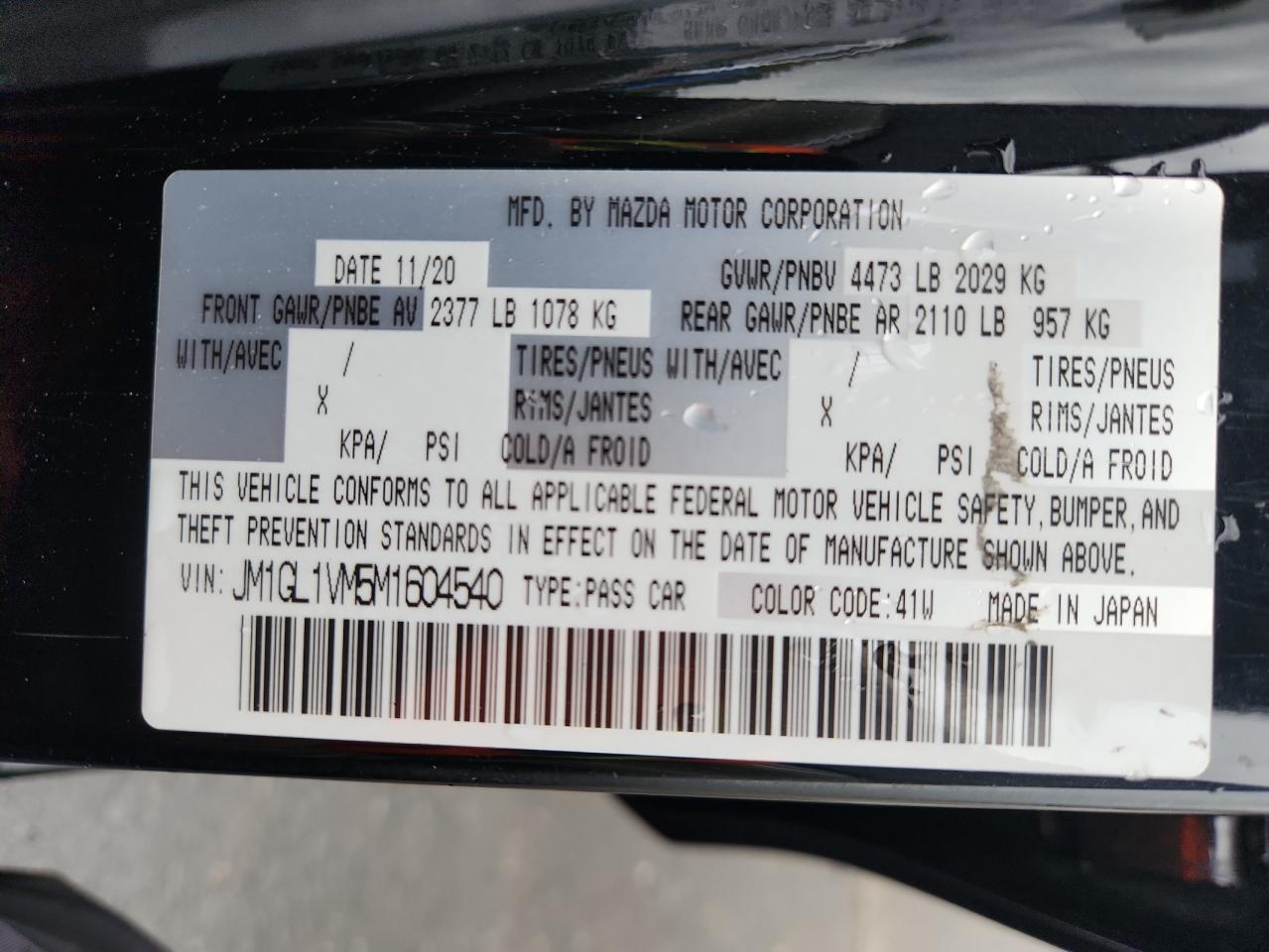 2021 Mazda 6 Touring VIN: JM1GL1VM5M1604540 Lot: 69967485