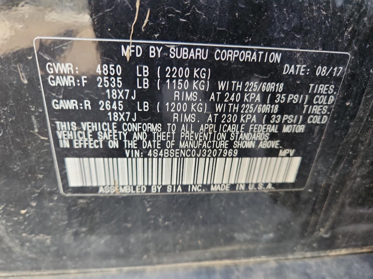 2018 Subaru Outback 3.6R Limited VIN: 4S4BSENC0J3207969 Lot: 69367015