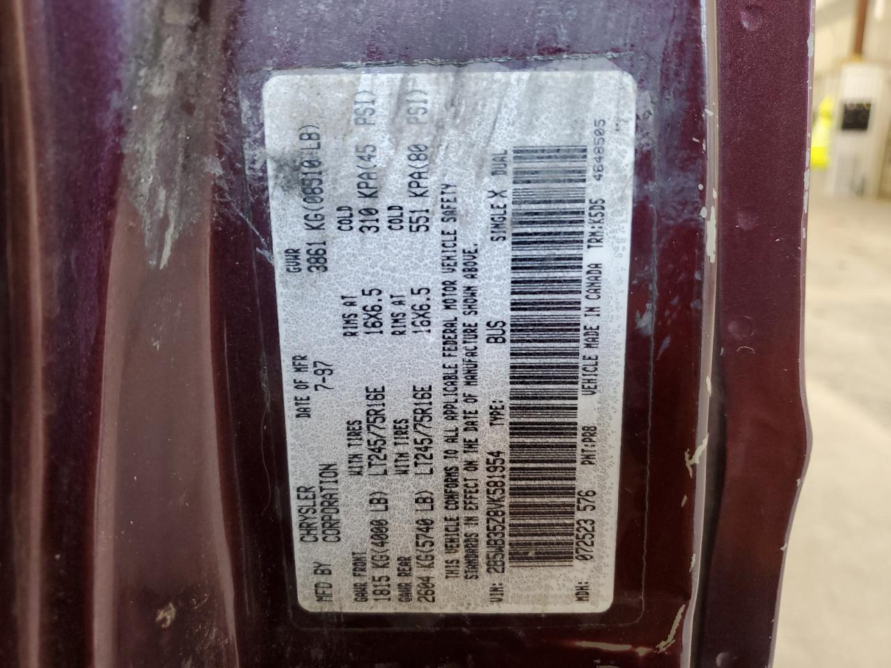 1997 Dodge Ram Wagon B3500 VIN: 2B5WB35Z8VK581954 Lot: 66863025