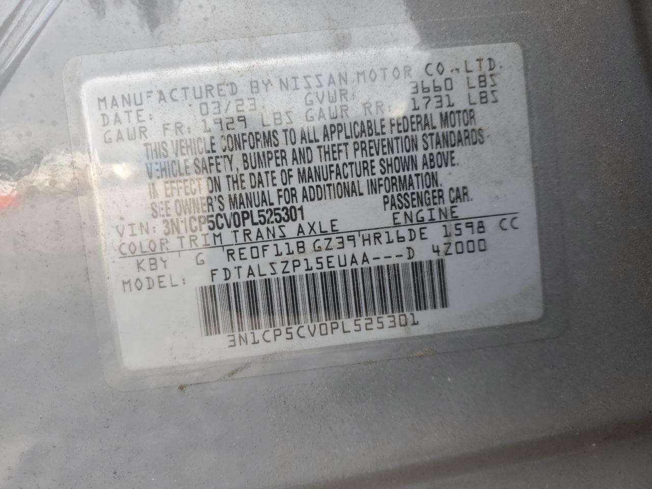 2023 Nissan Kicks Sv VIN: 3N1CP5CV0PL525301 Lot: 68696125