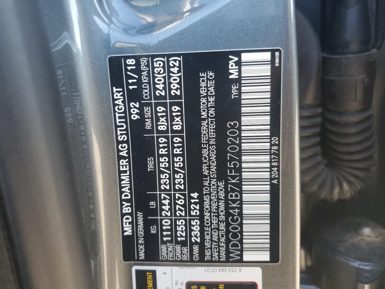 2019 Mercedes-Benz Glc 300 4Matic VIN: WDC0G4KB7KF570203 Lot: 70254665