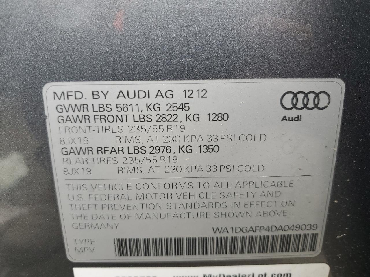 2013 Audi Q5 Premium Plus VIN: WA1DGAFP4DA049039 Lot: 66649925