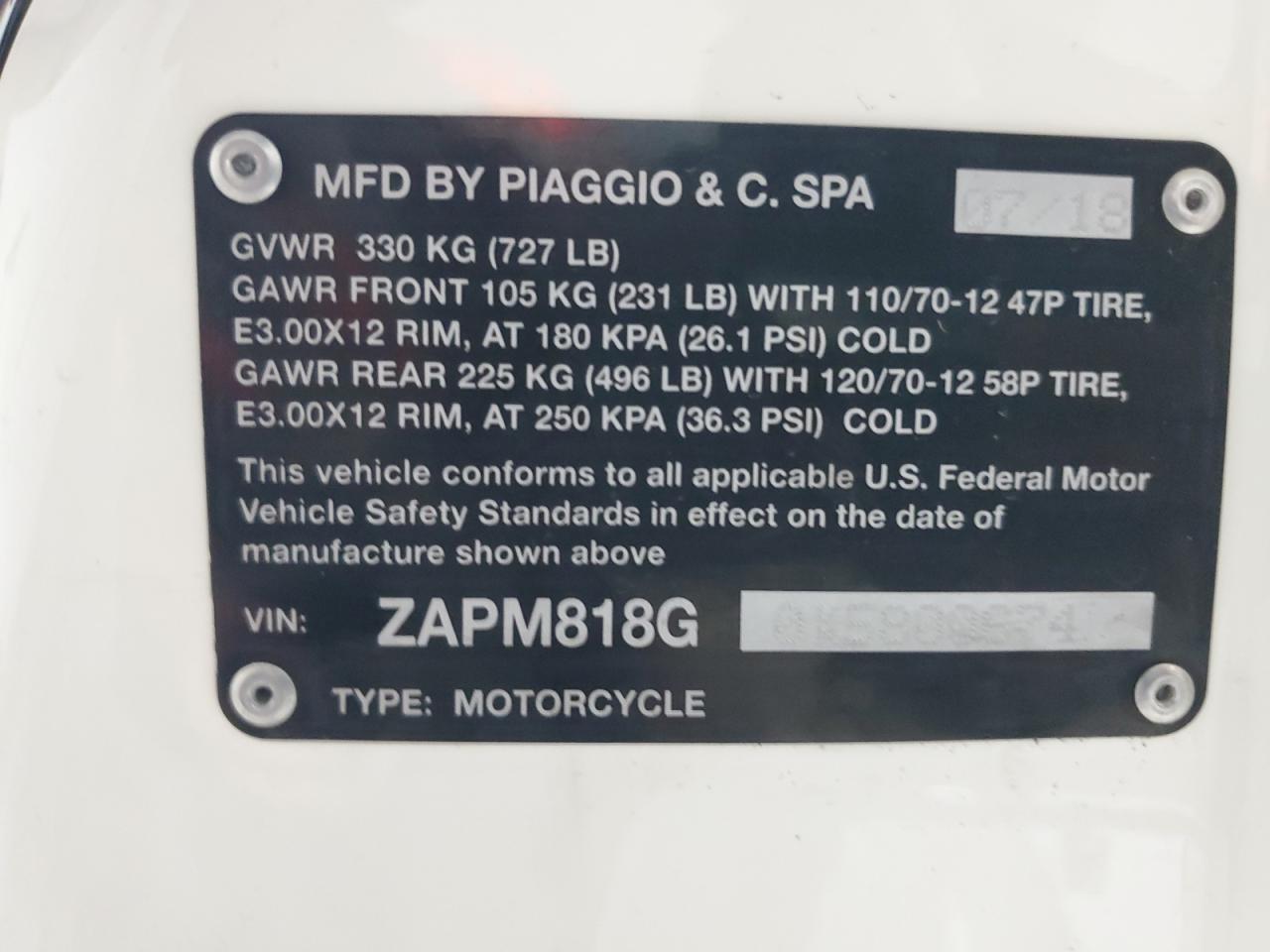 2019 Vespa Sprint 150 VIN: ZAPM818G0K5800674 Lot: 68849205