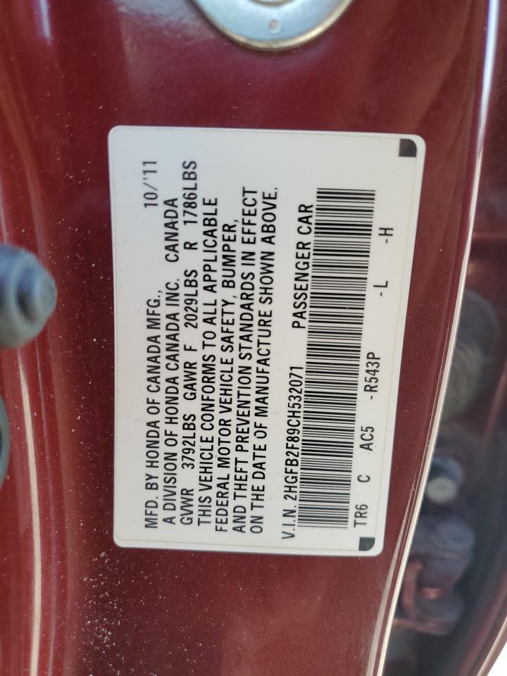 2012 Honda Civic Ex VIN: 2HGFB2F89CH532071 Lot: 69579405