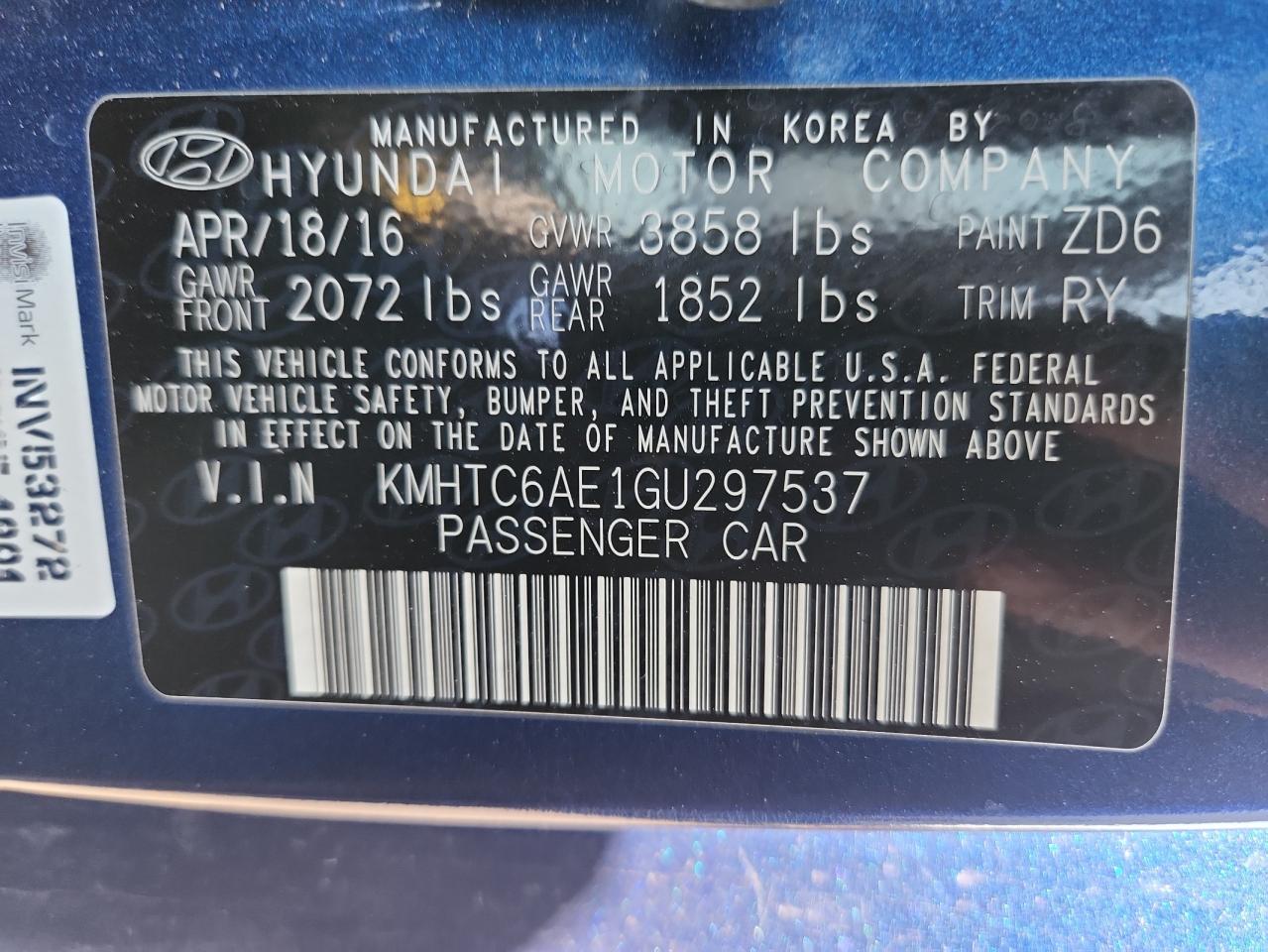 2016 Hyundai Veloster Turbo VIN: KMHTC6AE1GU297537 Lot: 68062035