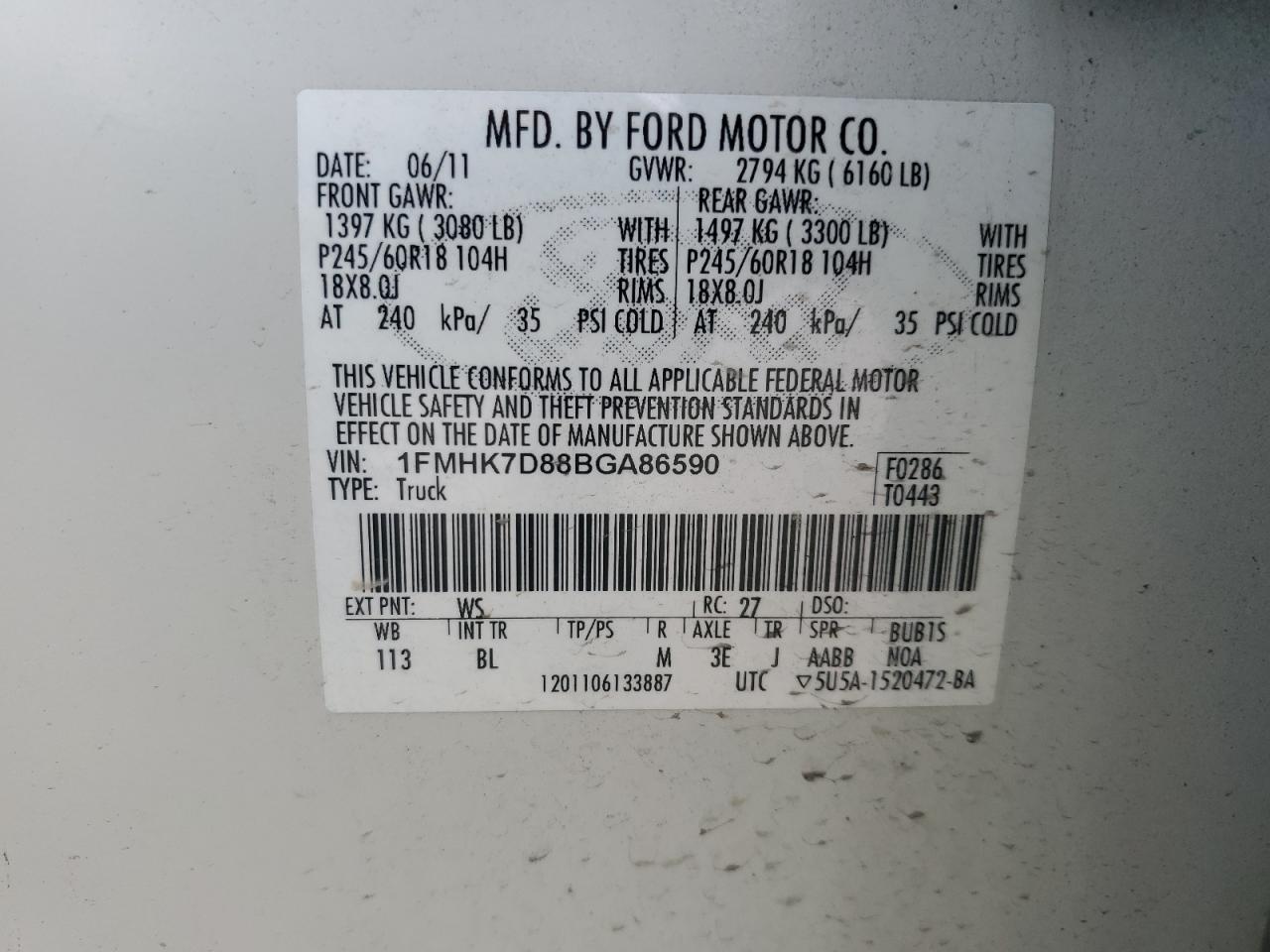 2011 Ford Explorer Xlt VIN: 1FMHK7D88BGA86590 Lot: 70448495