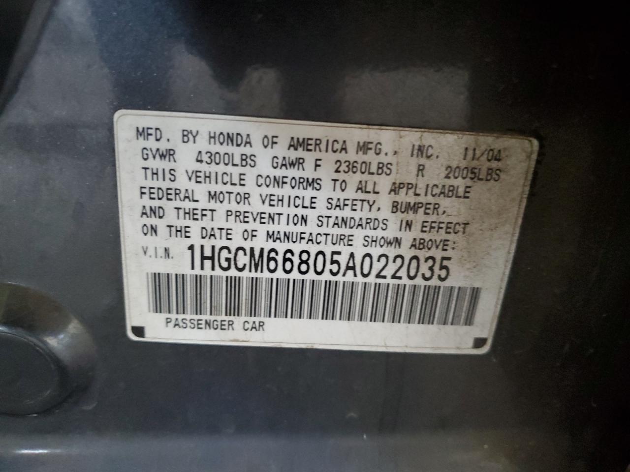 2005 Honda Accord Ex VIN: 1HGCM66805A022035 Lot: 68400165