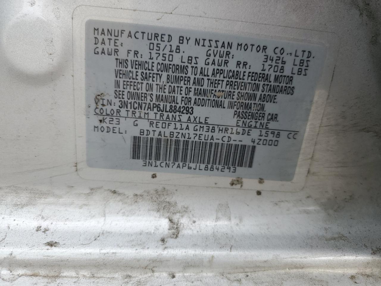 2018 Nissan Versa S VIN: 3N1CN7AP6JL884293 Lot: 70685465