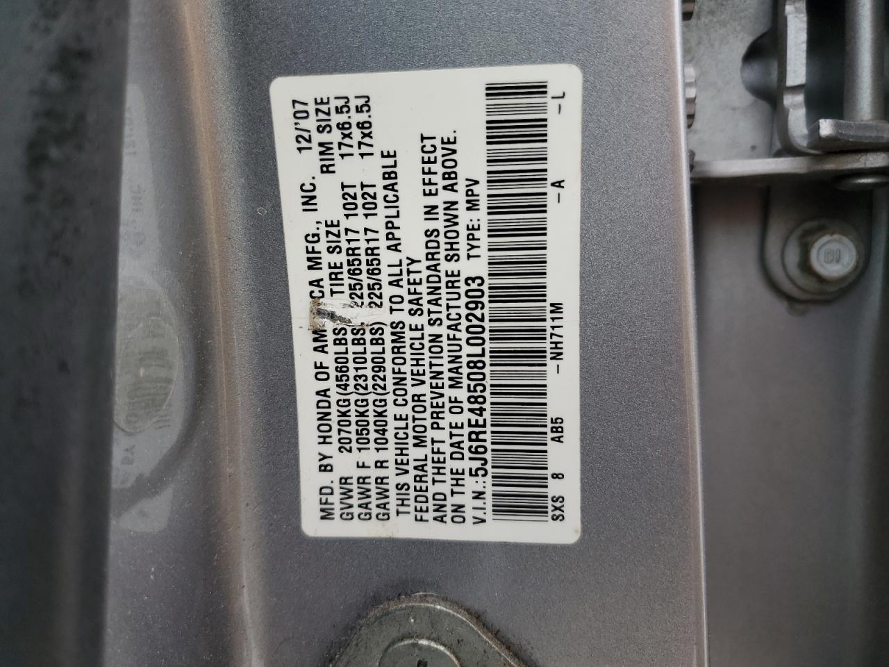 2008 Honda Cr-V Ex VIN: 5J6RE48508L002903 Lot: 69977305