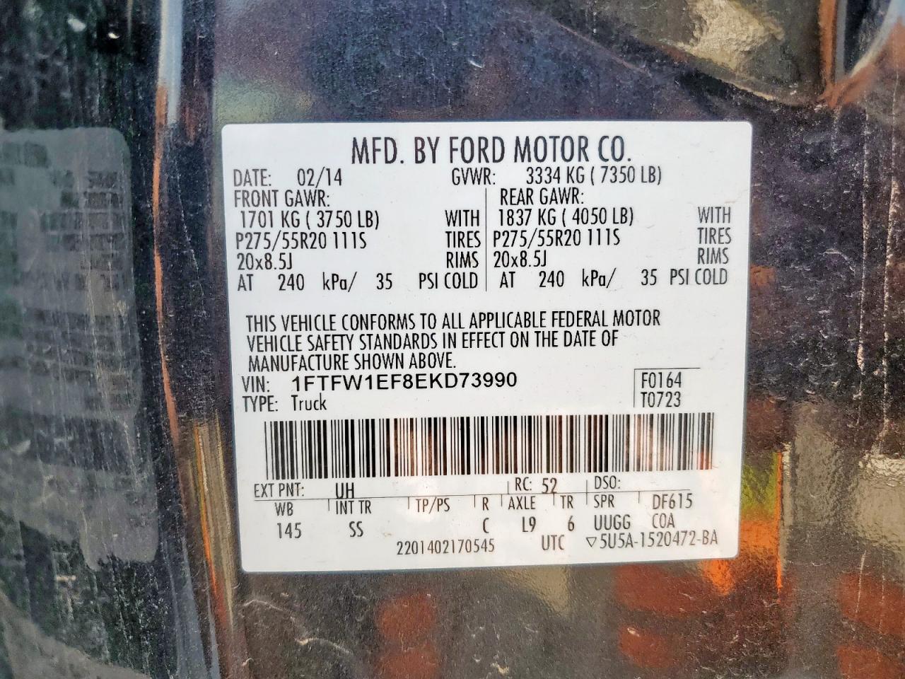 2014 Ford F150 Supercrew VIN: 1FTFW1EF8EKD73990 Lot: 69595895