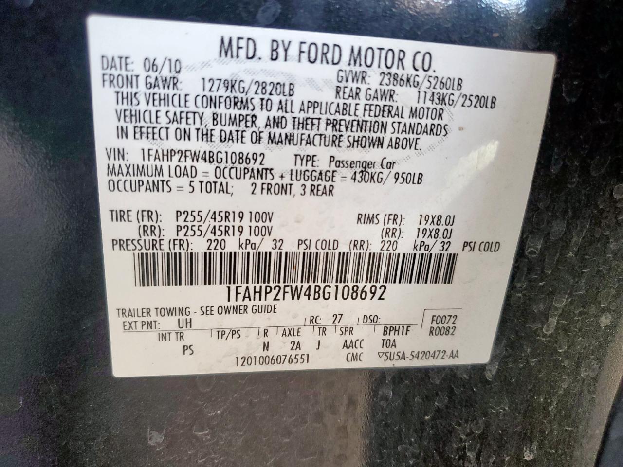 2011 Ford Taurus Limited VIN: 1FAHP2FW4BG108692 Lot: 69040725