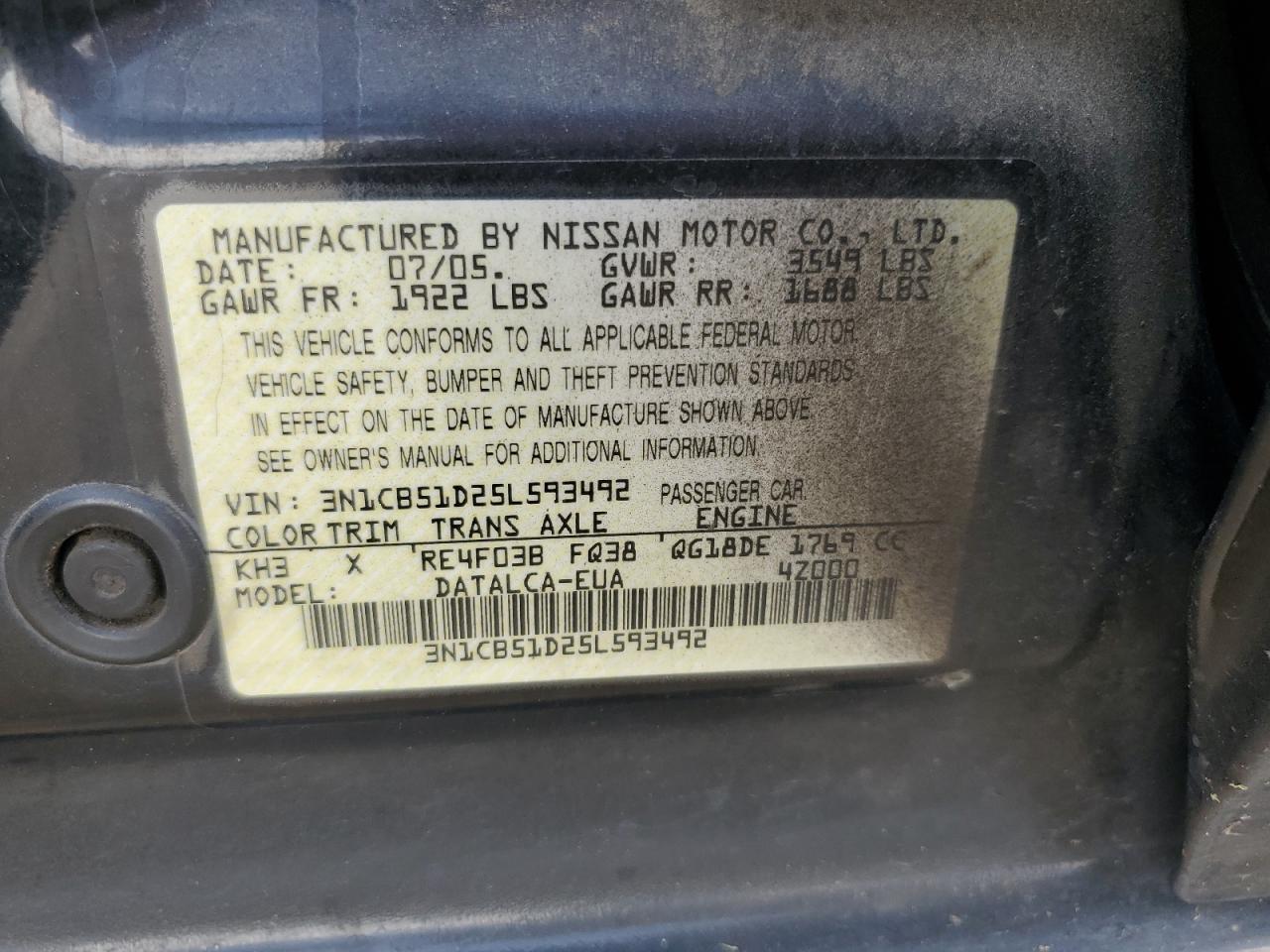 2005 Nissan Sentra 1.8 VIN: 3N1CB51D25L593492 Lot: 69089255