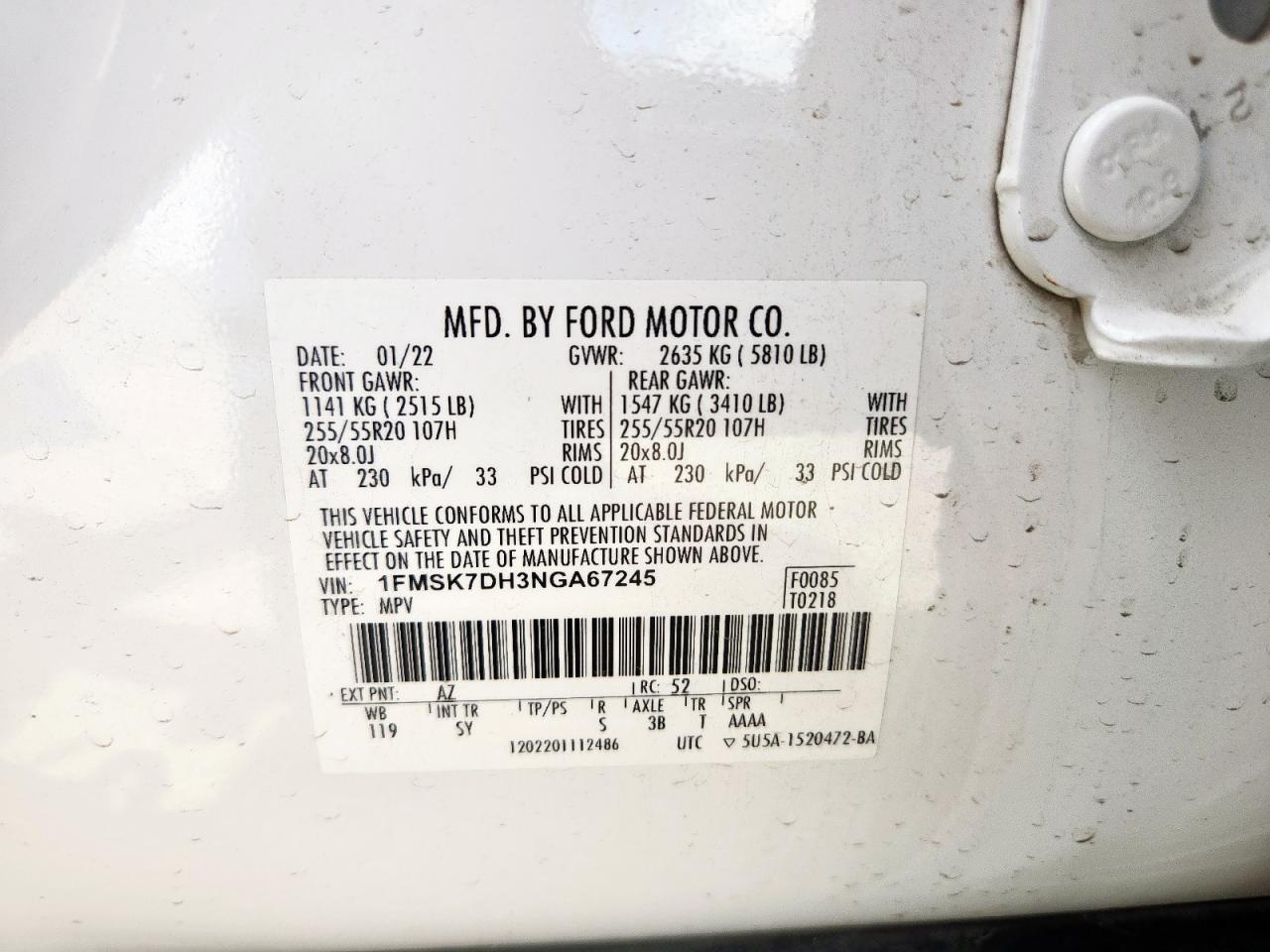 2022 Ford Explorer Xlt VIN: 1FMSK7DH3NGA67245 Lot: 70498975