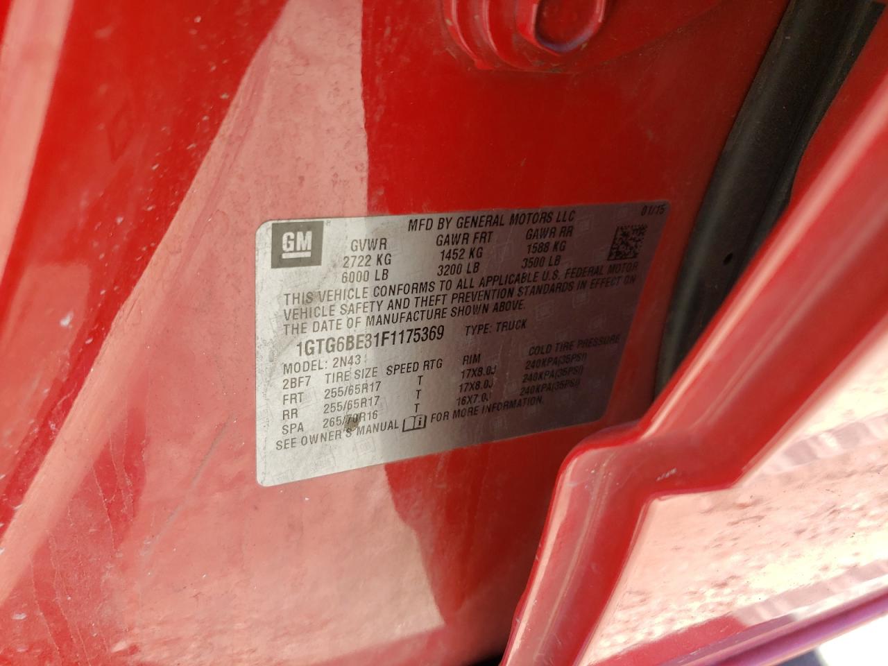 2015 GMC Canyon Sle VIN: 1GTG6BE31F1175369 Lot: 70939555