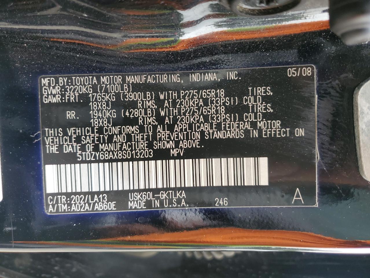 2008 Toyota Sequoia Limited VIN: 5TDZY68AX8S013203 Lot: 70716835