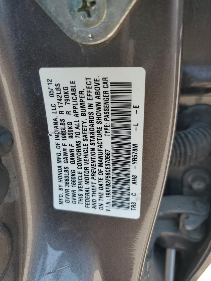 2012 Honda Civic Lx VIN: 19XFB2F56CE070567 Lot: 67439065