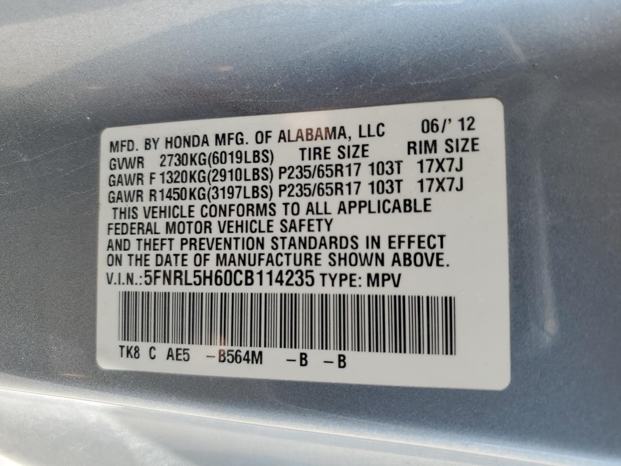 2012 Honda Odyssey Exl VIN: 5FNRL5H60CB114235 Lot: 68867335