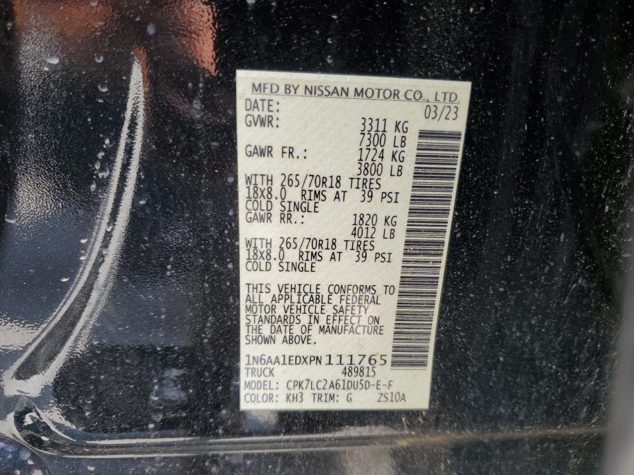 2023 Nissan Titan Sv VIN: 1N6AA1EDXPN111765 Lot: 69873425