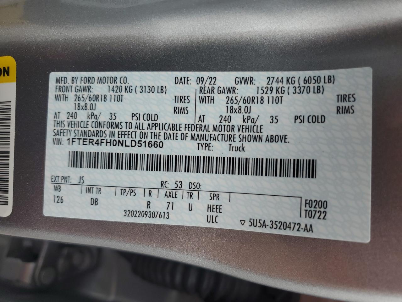 2022 Ford Ranger Xl VIN: 1FTER4FH0NLD51660 Lot: 68439165