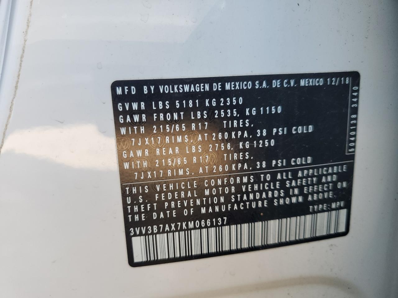 2019 Volkswagen Tiguan Se VIN: 3VV3B7AX7KM066137 Lot: 70526925