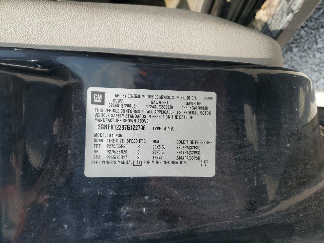 2007 Chevrolet Avalanche K1500 VIN: 3GNFK12387G122796 Lot: 67800725