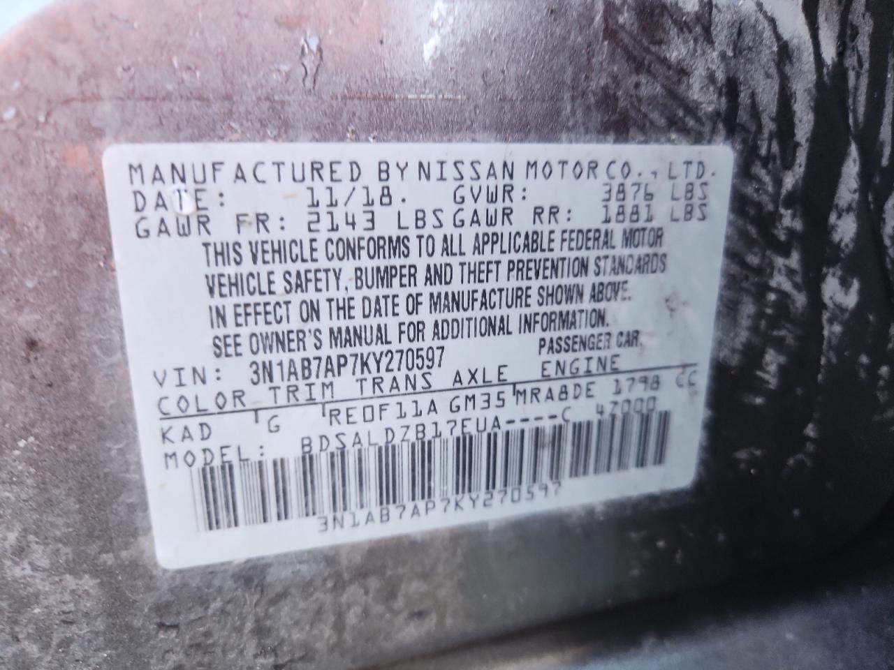 2019 Nissan Sentra S VIN: 3N1AB7AP7KY270597 Lot: 71019965