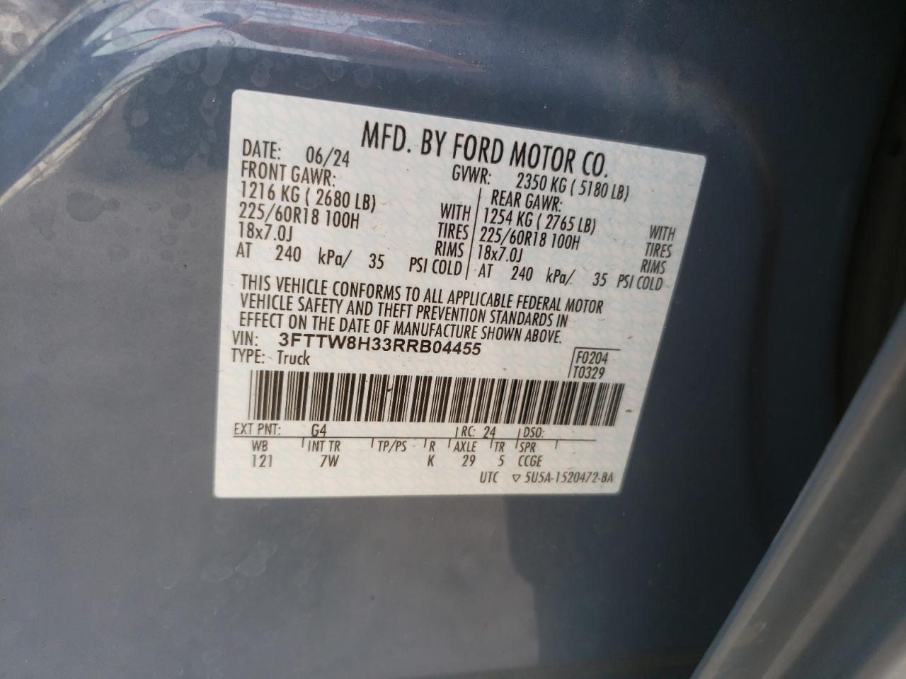 2024 Ford Maverick Xlt VIN: 3FTTW8H33RRB04455 Lot: 70109185