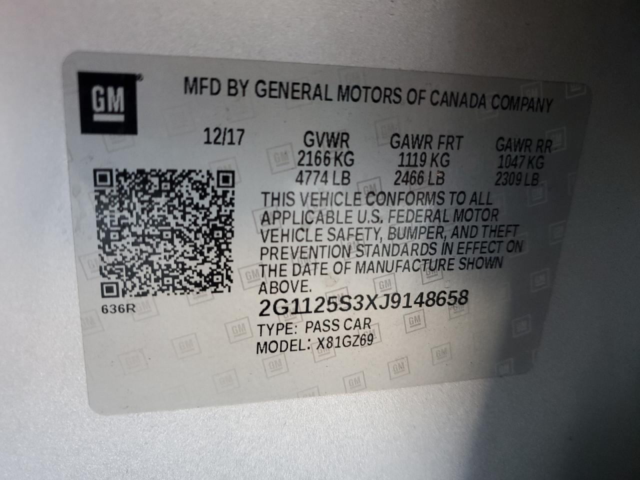 2018 Chevrolet Impala Premier VIN: 2G1125S3XJ9148658 Lot: 70948825