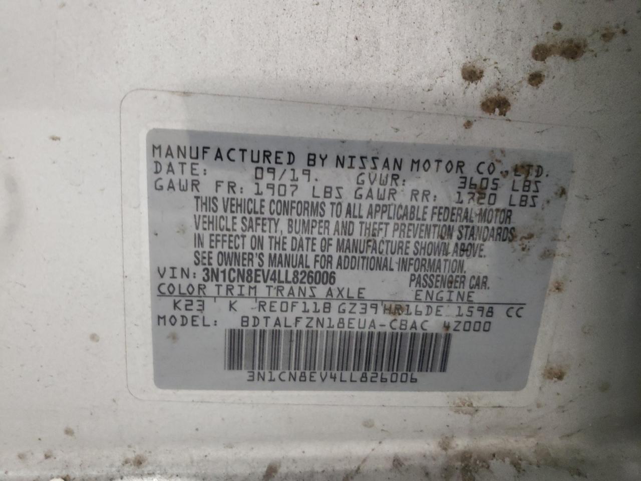 2020 Nissan Versa Sv VIN: 3N1CN8EV4LL826006 Lot: 67707155