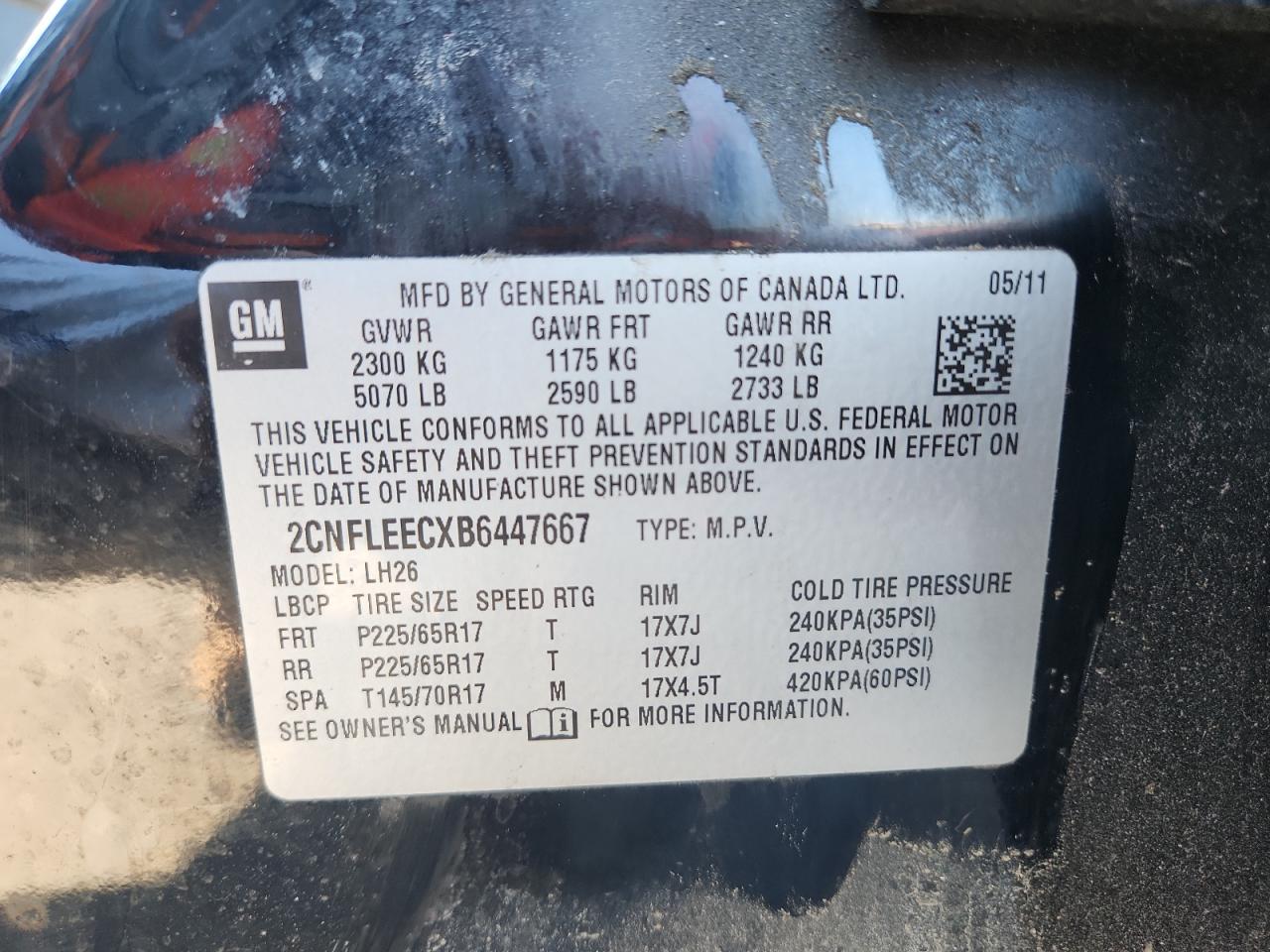 2011 Chevrolet Equinox Lt VIN: 2CNFLEECXB6447667 Lot: 69799835