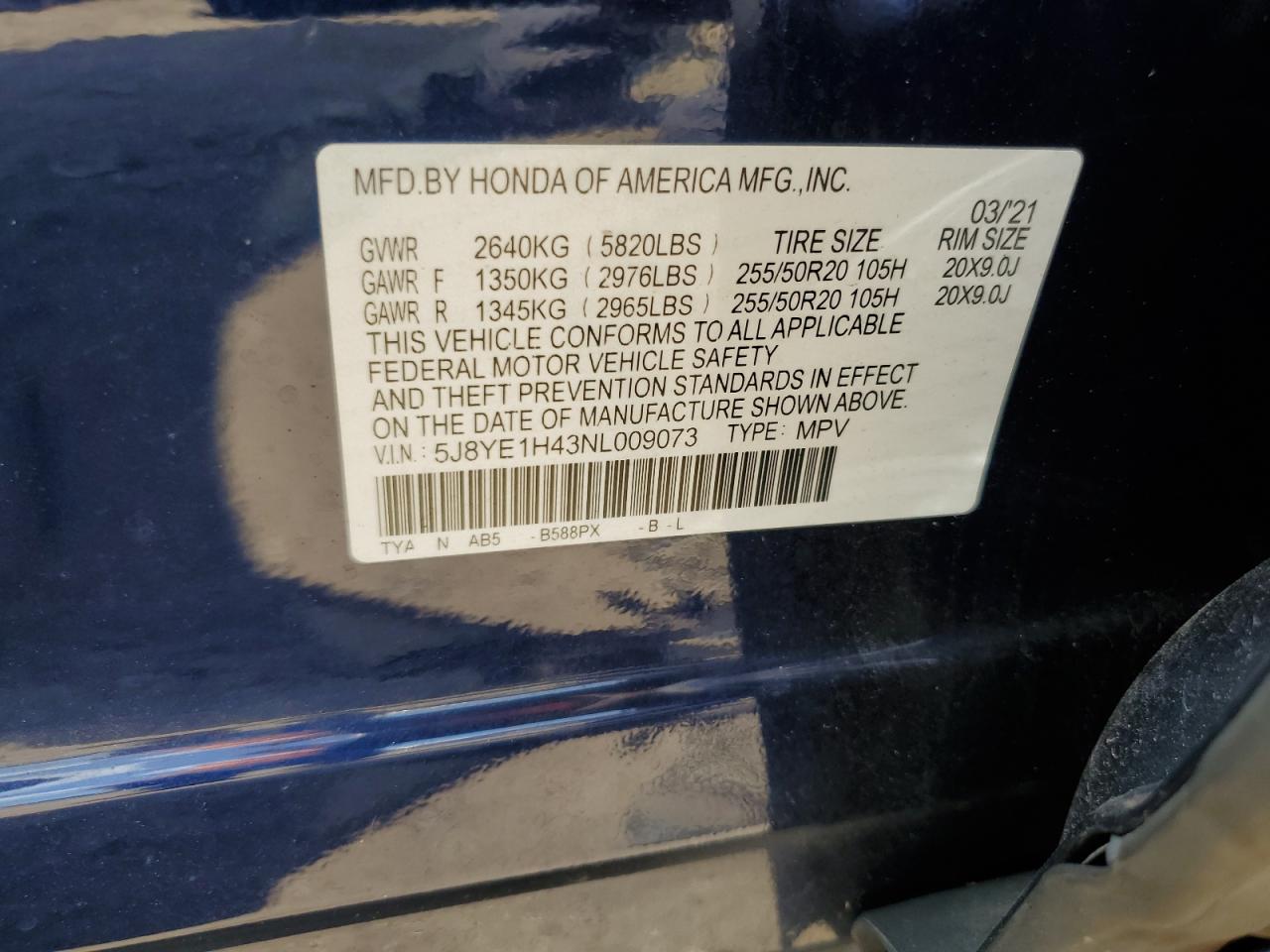 2022 Acura Mdx Technology VIN: 5J8YE1H43NL009073 Lot: 68393775