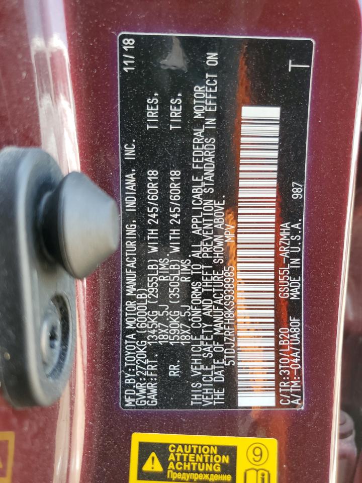 2019 Toyota Highlander Se VIN: 5TDJZRFH8KS938985 Lot: 67588905