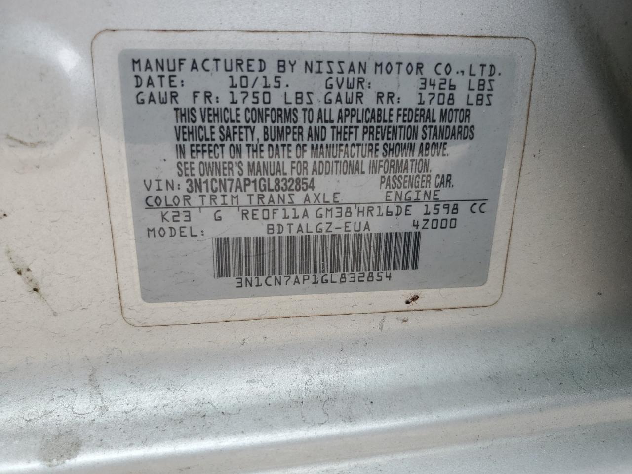 2016 Nissan Versa S VIN: 3N1CN7AP1GL832854 Lot: 69825495