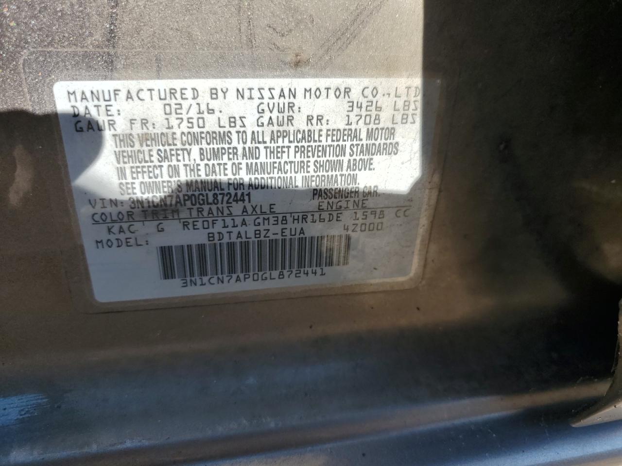 2016 Nissan Versa S VIN: 3N1CN7AP0GL872441 Lot: 70316225