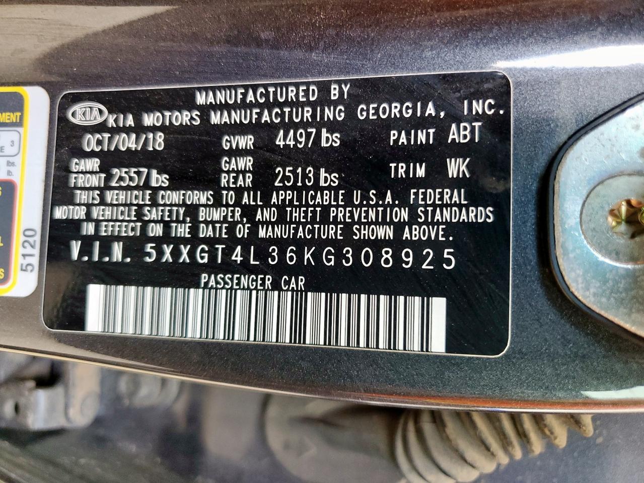 2019 Kia Optima Lx VIN: 5XXGT4L36KG308925 Lot: 69882945