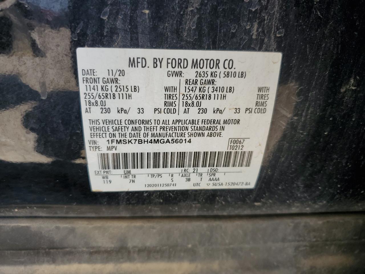 2021 Ford Explorer VIN: 1FMSK7BH4MGA56014 Lot: 70152265