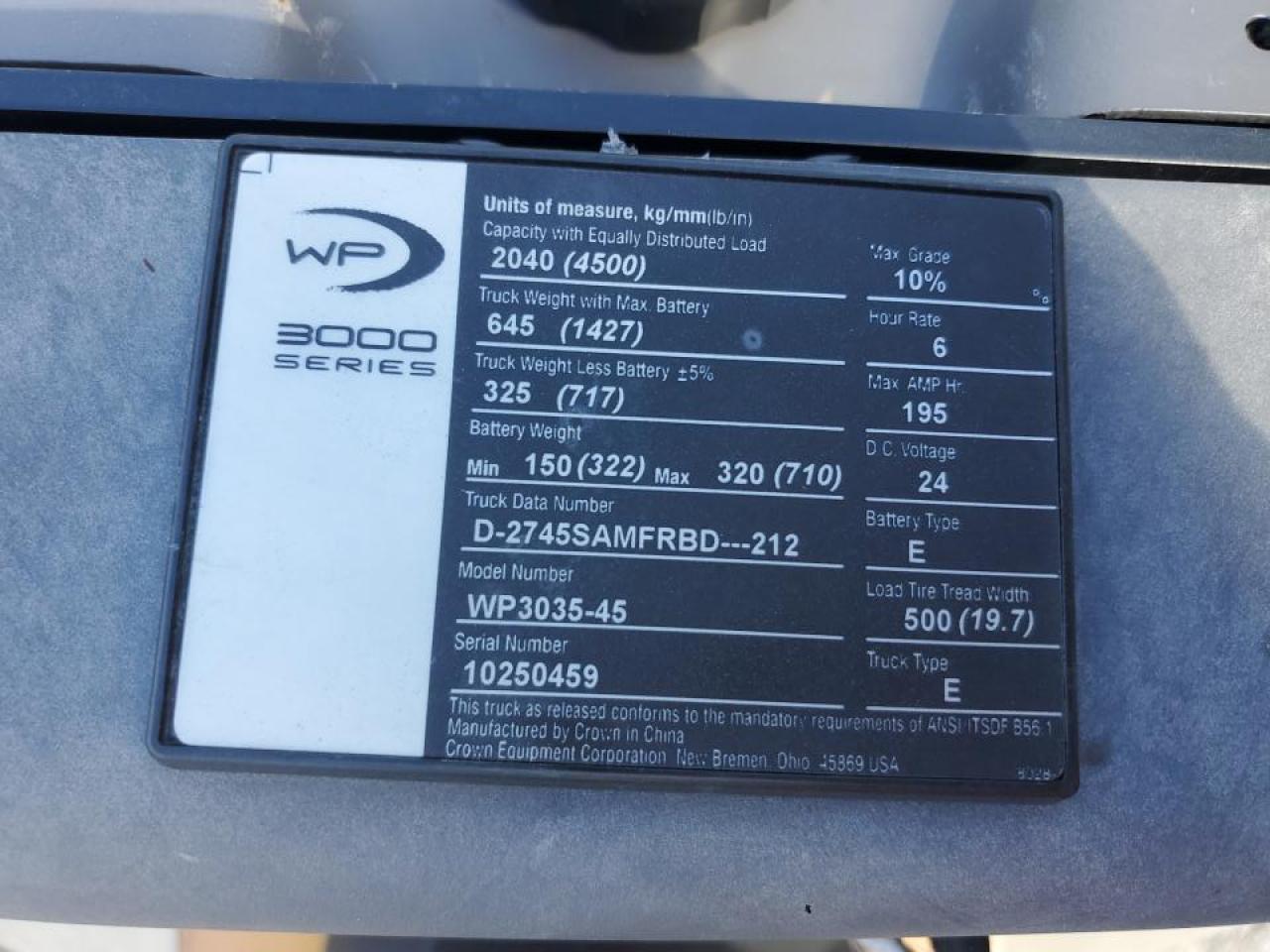 2020 Crown Sp3035-45 Pallet Jack VIN: 10250459 Lot: 70198375