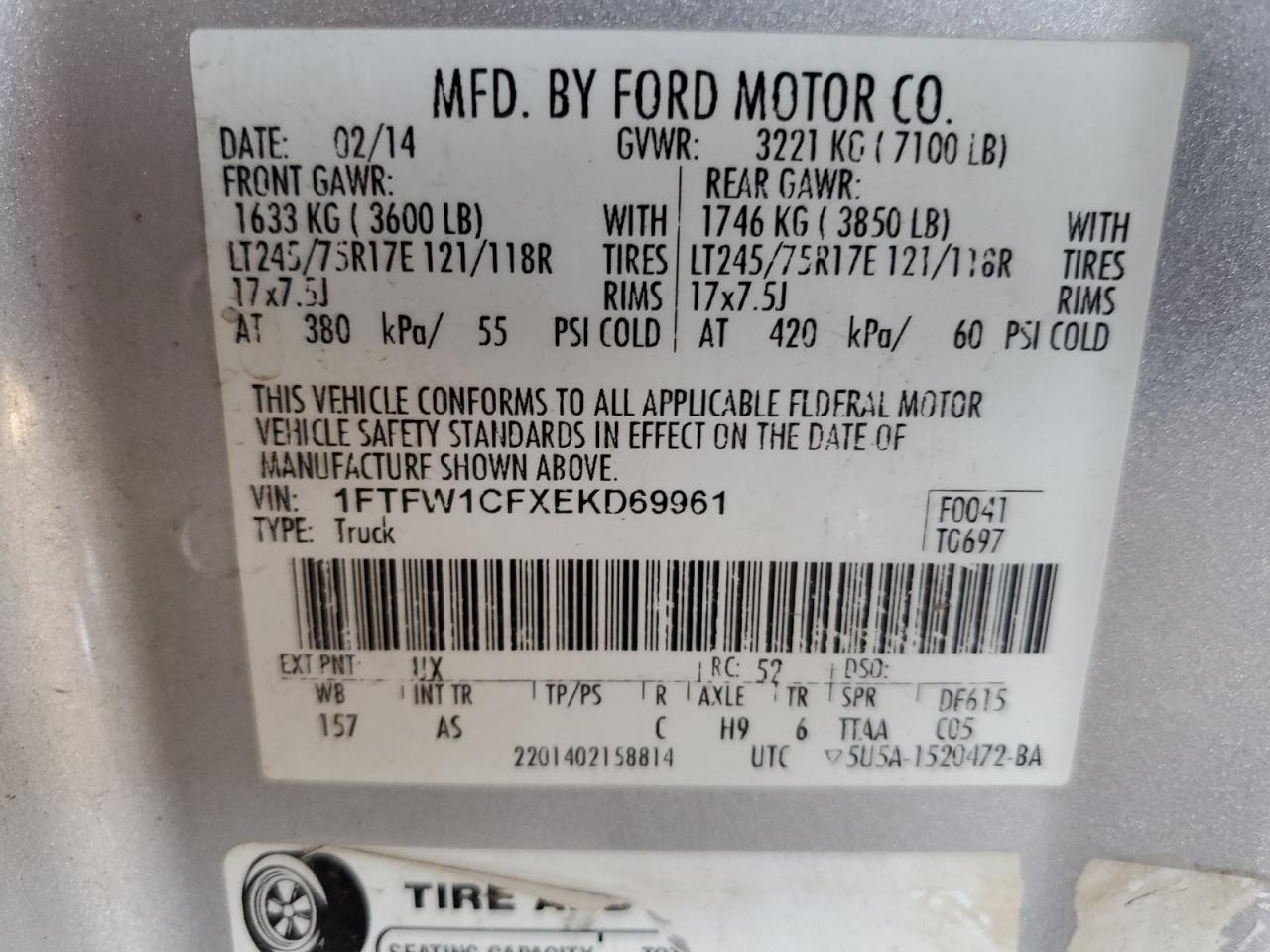 2014 Ford F150 Supercrew VIN: 1FTFW1CFXEKD69961 Lot: 68316045