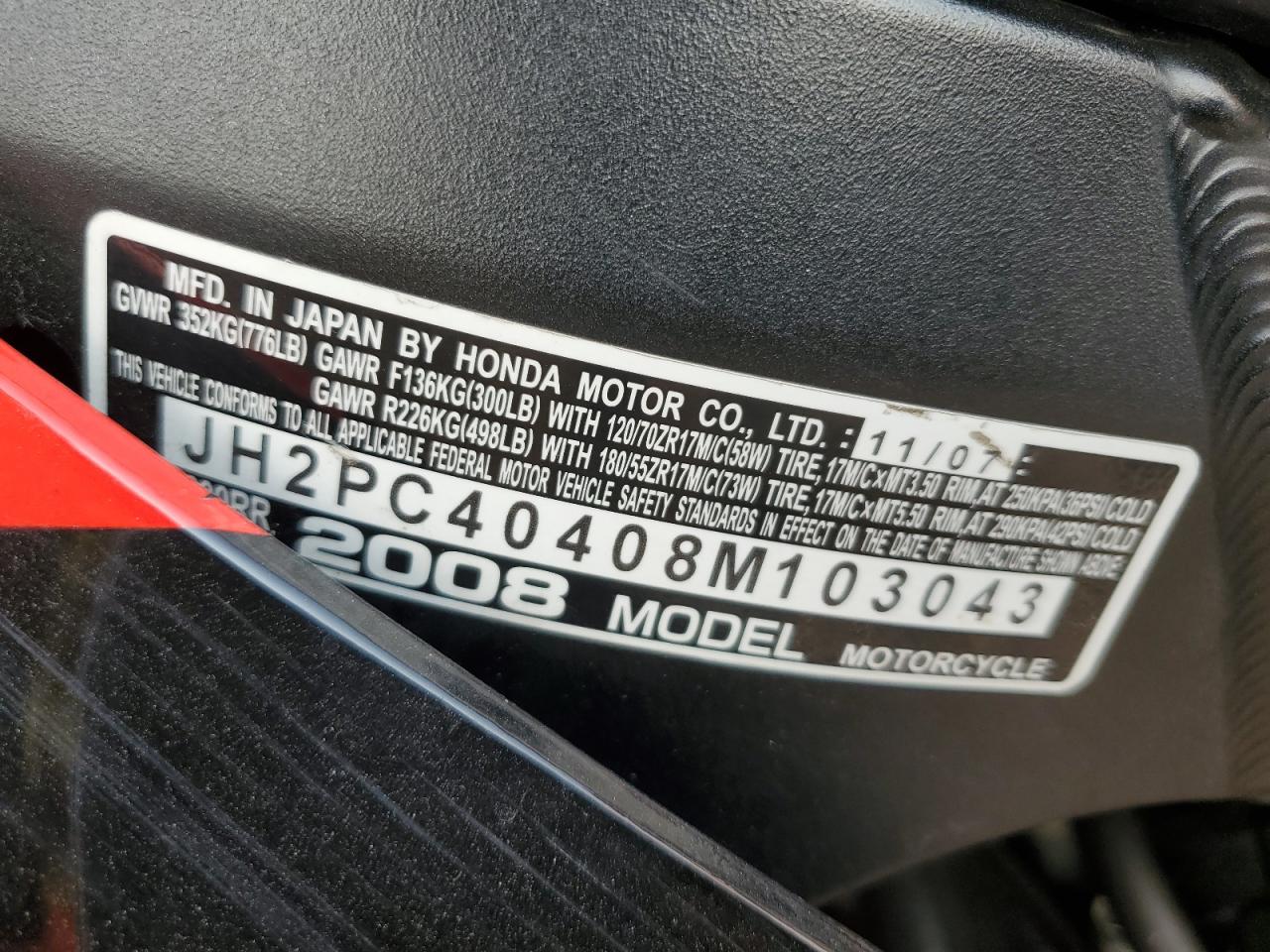 2008 Honda Cbr600 Rr VIN: JH2PC40408M103043 Lot: 70949305