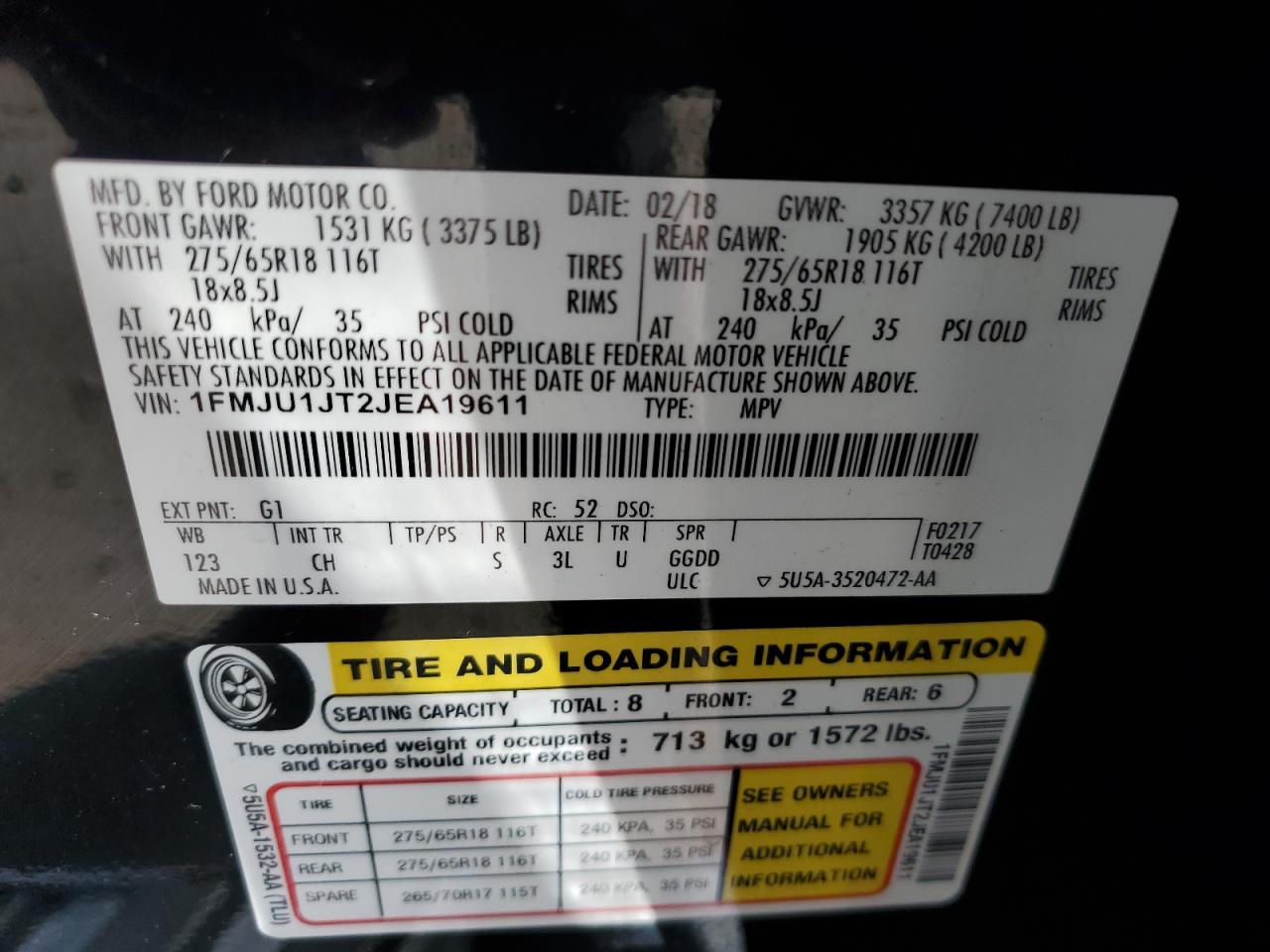 2018 Ford Expedition Xlt VIN: 1FMJU1JT2JEA19611 Lot: 70262355