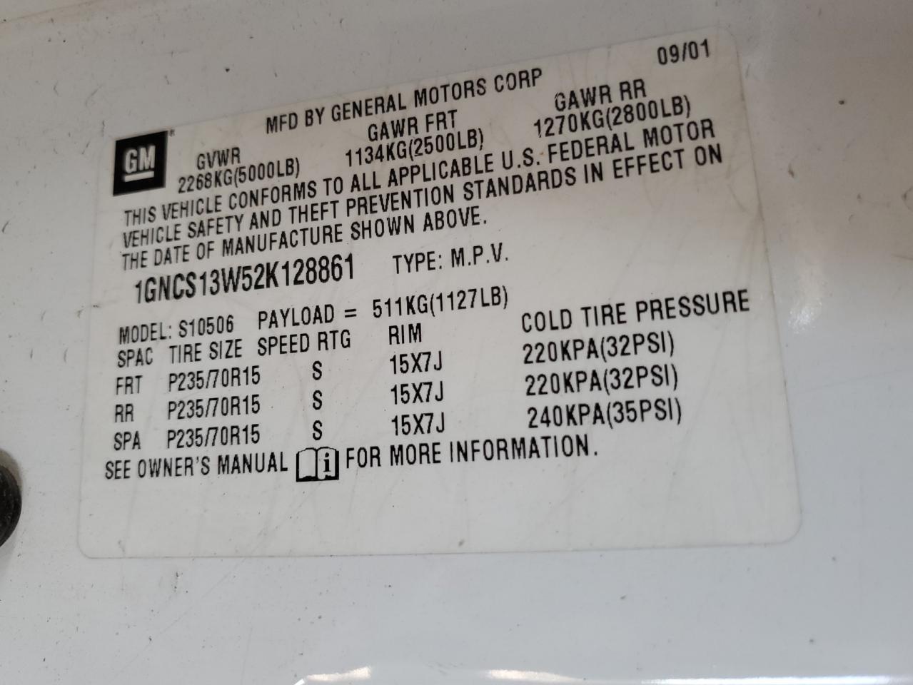 2002 Chevrolet Blazer VIN: 1GNCS13W52K128861 Lot: 69326105