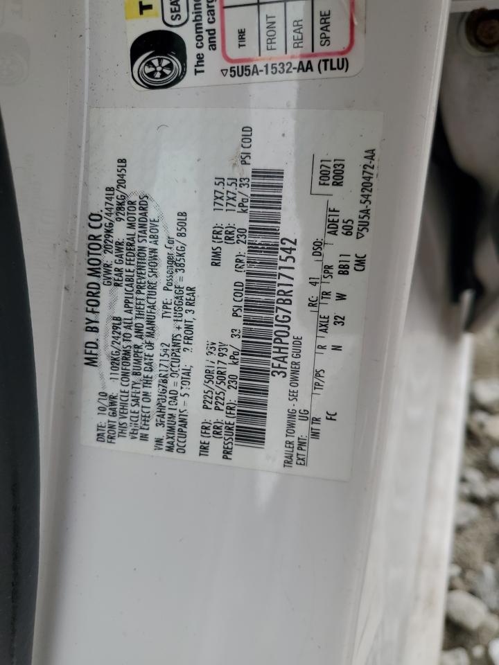 2011 Ford Fusion Sel VIN: 3FAHP0JG7BR171542 Lot: 93534615