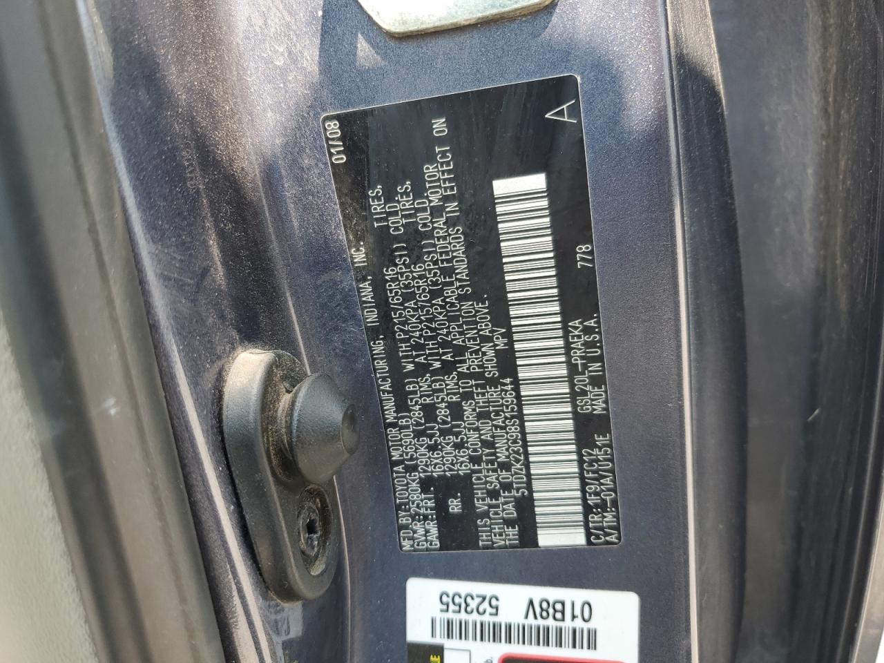 2008 Toyota Sienna Ce VIN: 5TDZK23C98S159644 Lot: 66344335