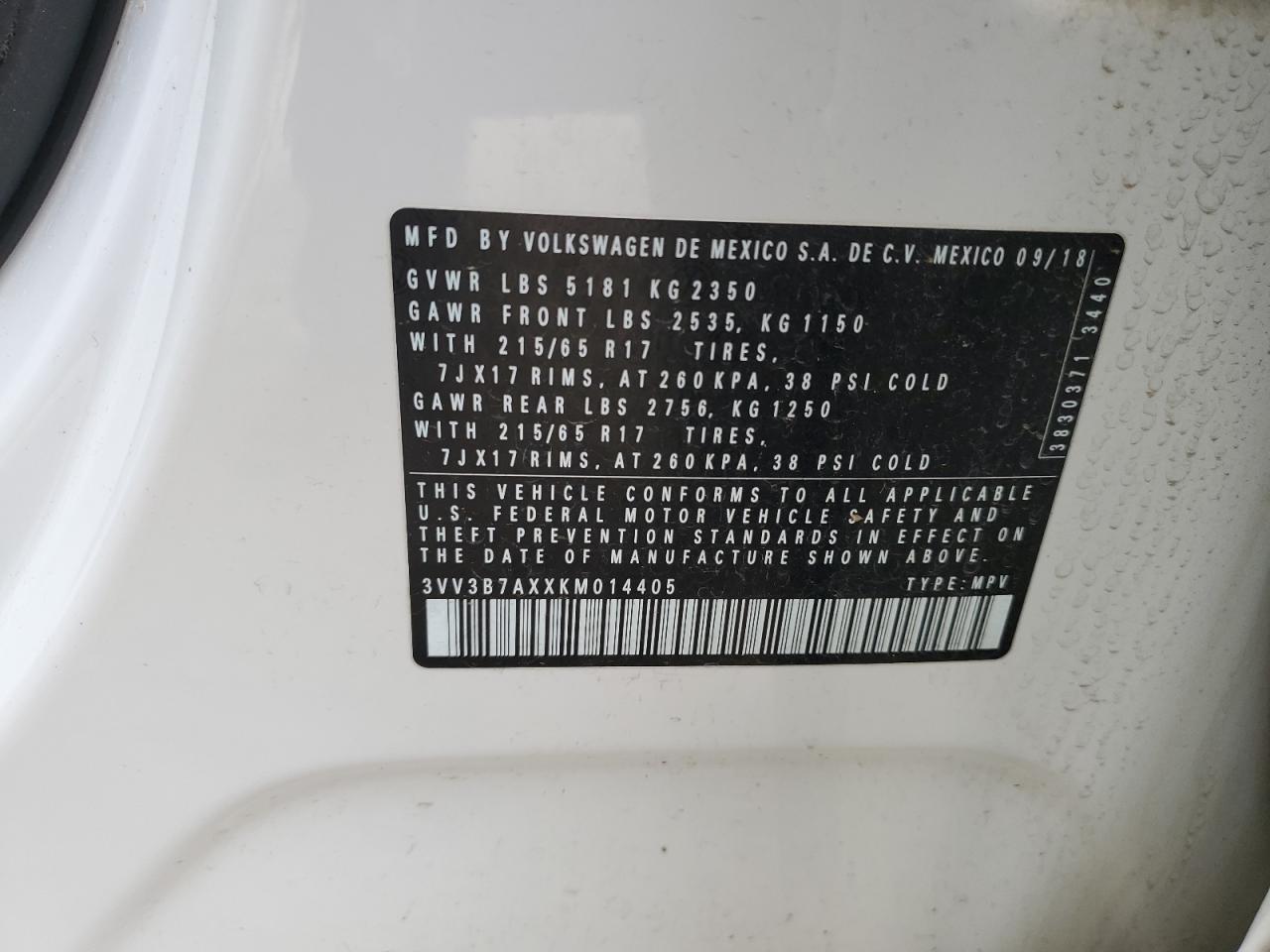 2019 Volkswagen Tiguan Se VIN: 3VV3B7AXXKM014405 Lot: 68831925